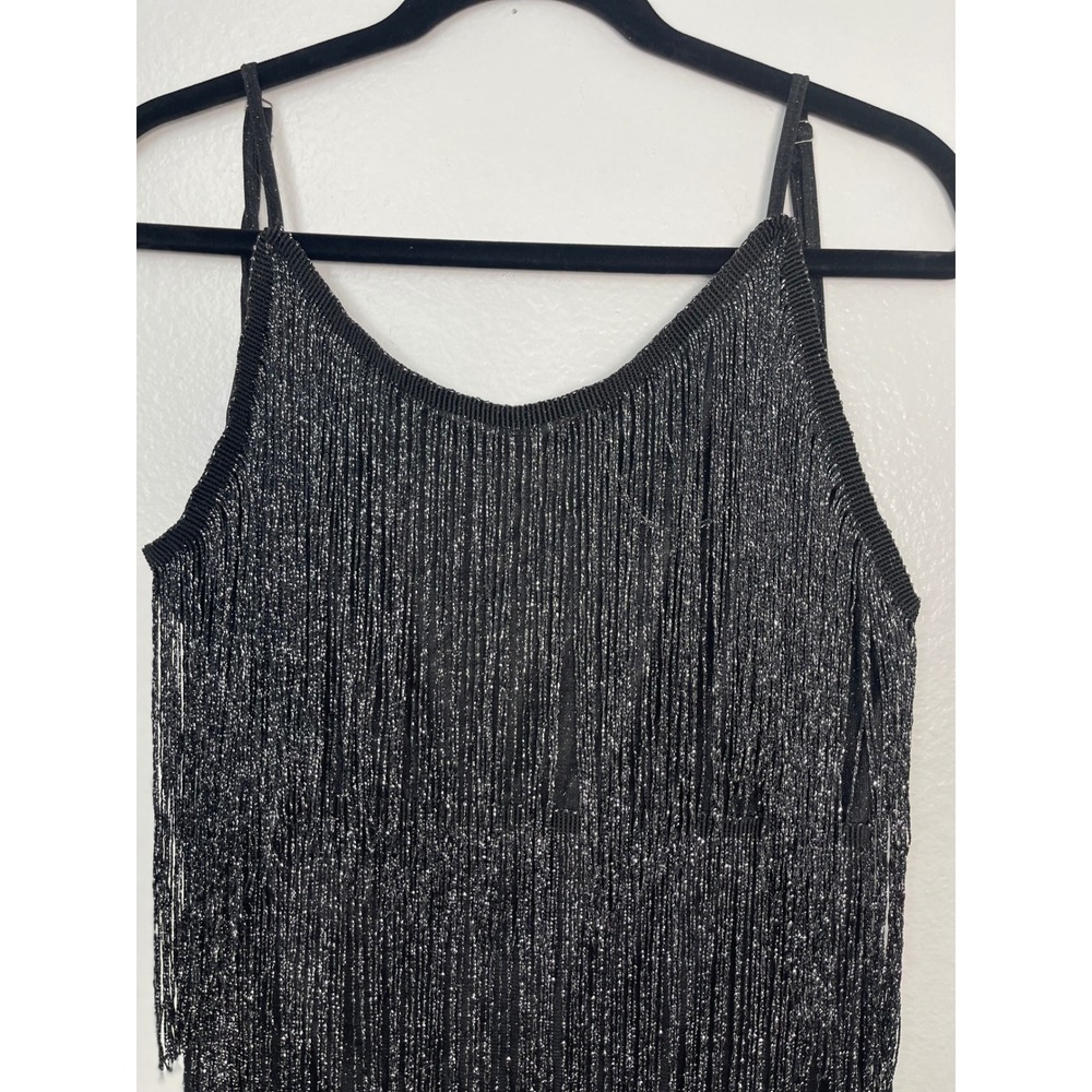 Black Silver Metallic Tiered Fringe Cami Tank Top Small Flapper Dance Party Sm - Picture 4 of 9